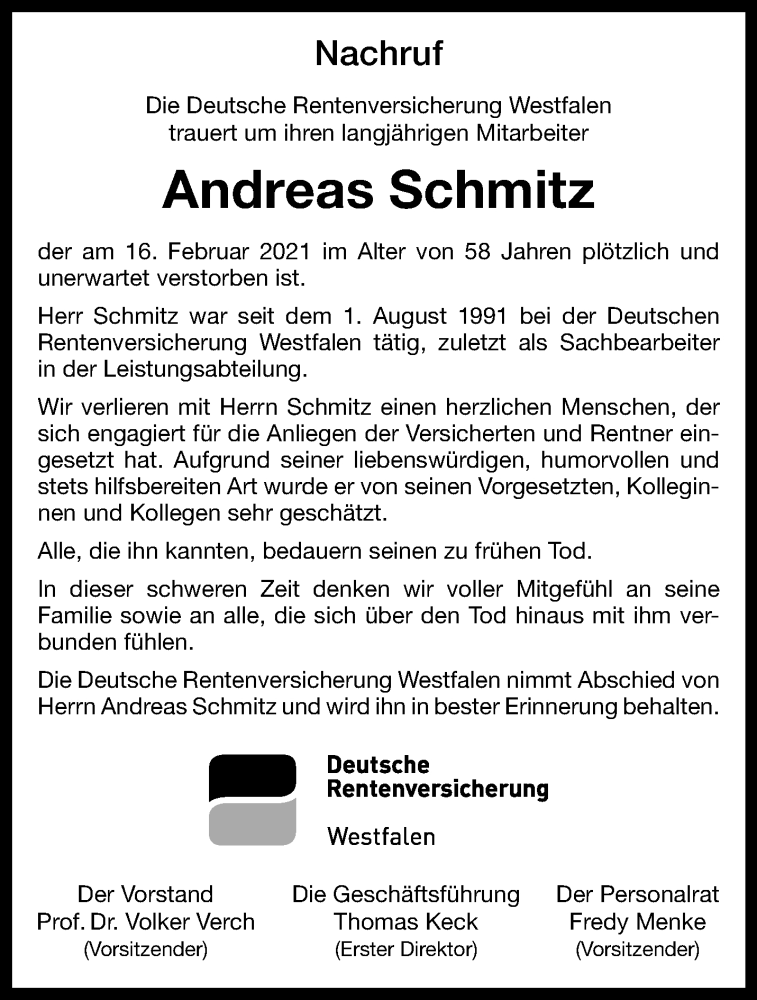  Traueranzeige für Andreas Schmitz vom 27.02.2021 aus 