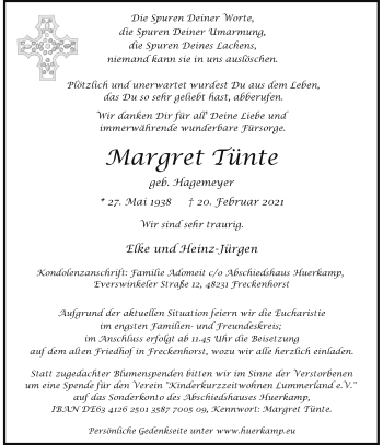 Anzeige von Margret Tünte 