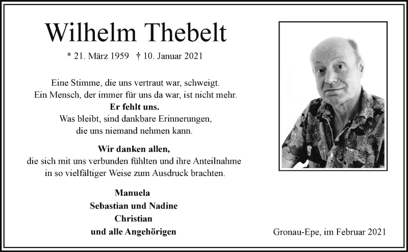  Traueranzeige für Wilhelm Thebelt vom 13.02.2021 aus 