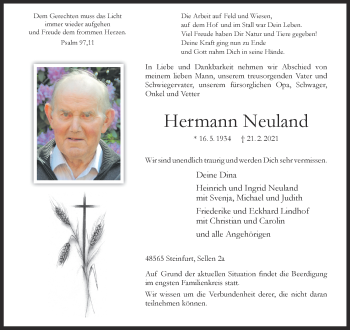 Anzeige von Hermann Neuland 