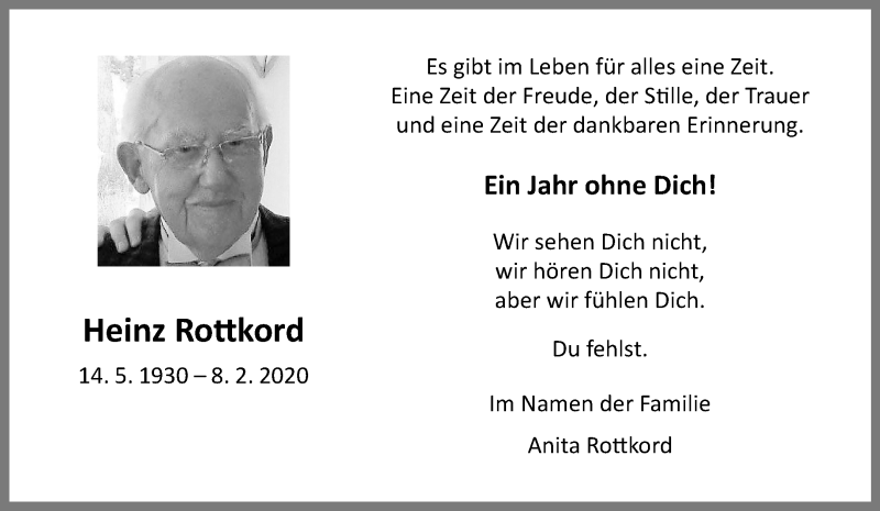  Traueranzeige für Heinz Rottkord vom 06.02.2021 aus 