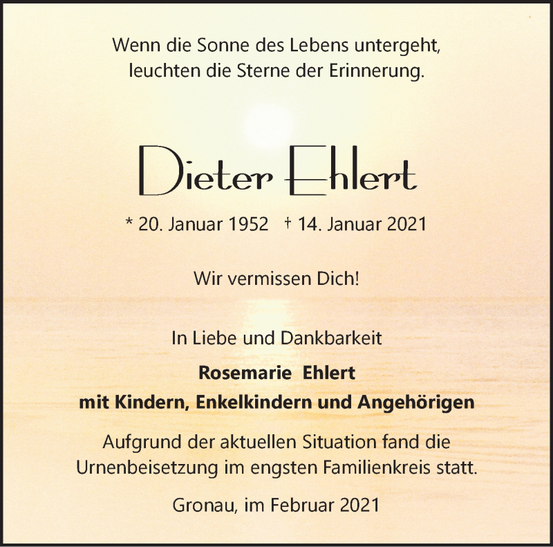  Traueranzeige für Dieter Ehlert vom 25.02.2021 aus 