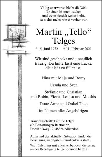 Anzeige von Martin Telges 