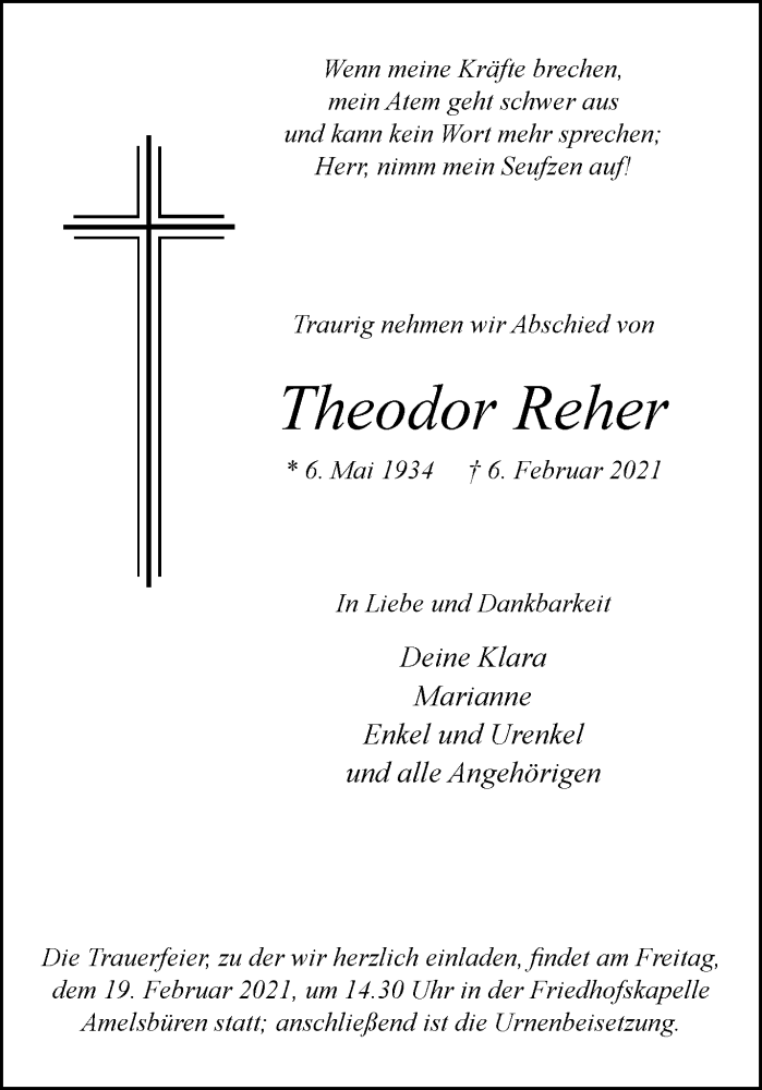  Traueranzeige für Theodor Reher vom 13.02.2021 aus 