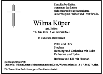 Anzeige von Wilma Küper 