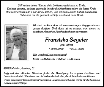 Anzeige von Franziska Segeler 