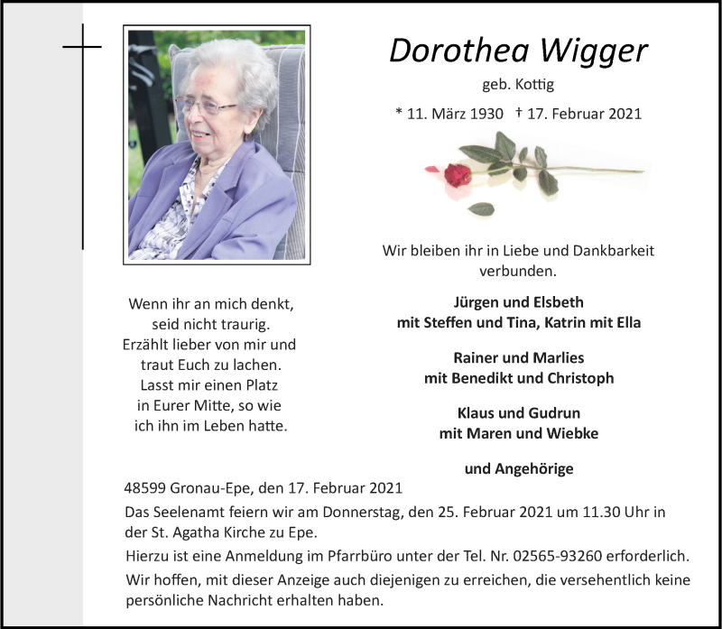  Traueranzeige für Dorothea Wigger vom 23.02.2021 aus 