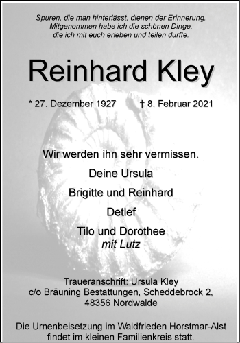 Anzeige von Reinhard Kley 
