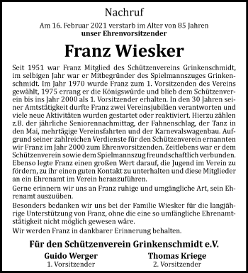 Anzeige von Franz Wiesker 