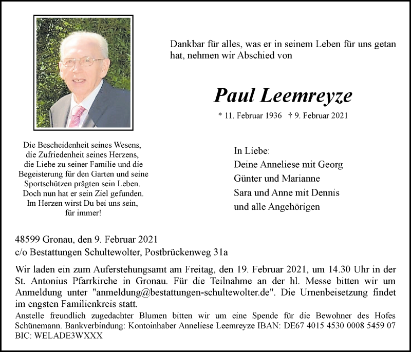  Traueranzeige für Paul Leemreyze vom 13.02.2021 aus 