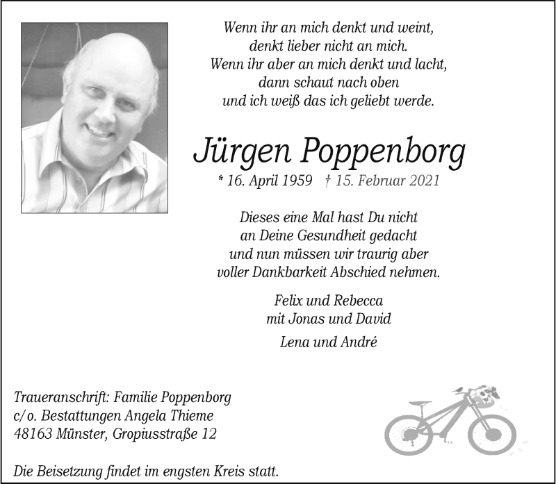  Traueranzeige für Jürgen Poppenborg vom 20.02.2021 aus 