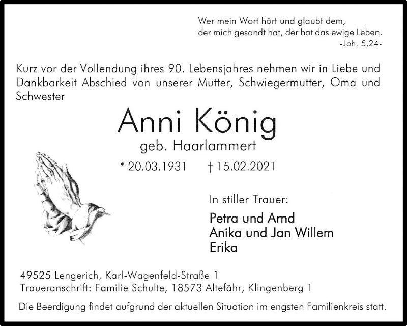  Traueranzeige für Anni König vom 20.02.2021 aus 