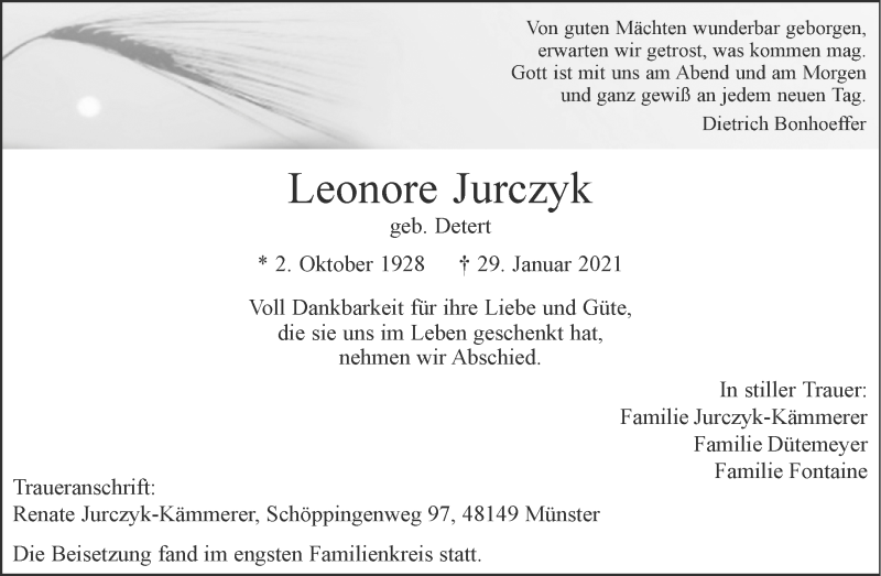  Traueranzeige für Leonore Jurczyk vom 13.02.2021 aus 