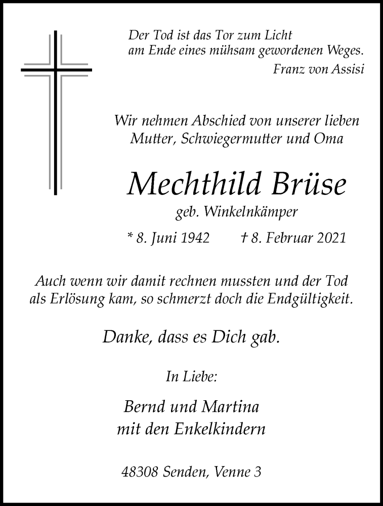  Traueranzeige für Mechthild Brüse vom 20.02.2021 aus 