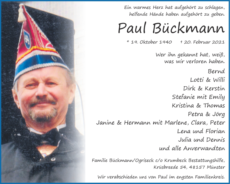  Traueranzeige für Paul Bückmann vom 27.02.2021 aus 