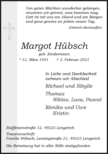 Anzeige von Margot Hübsch 