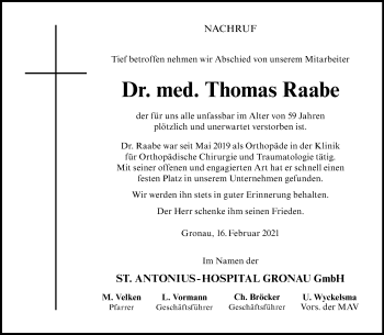 Anzeige von Thomas Raabe 