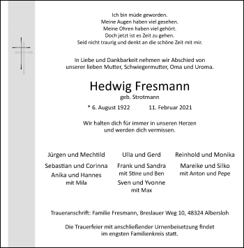 Anzeige von Hedwig Fresmann 