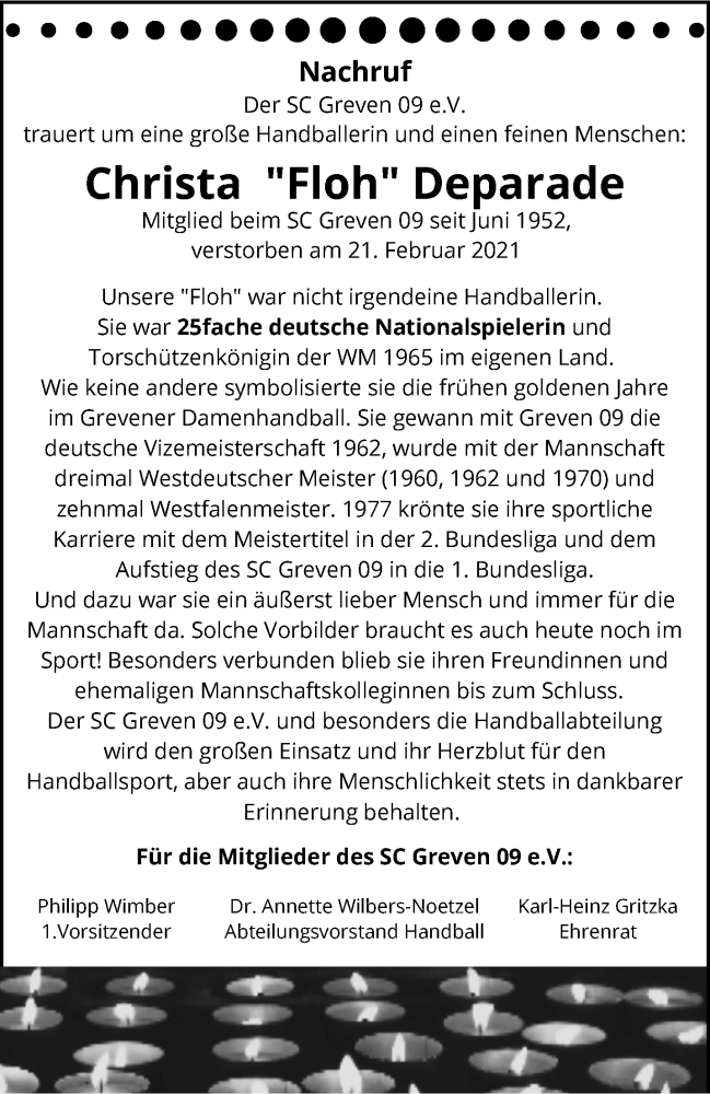  Traueranzeige für Christa Deparade vom 27.02.2021 aus 