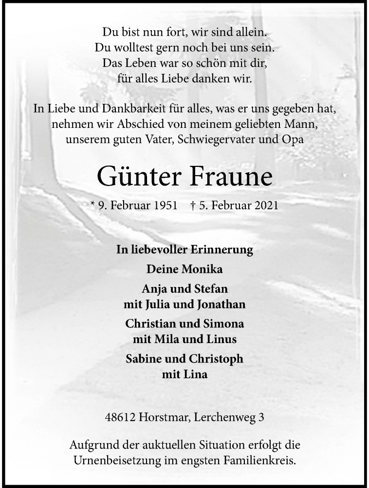  Traueranzeige für Günter Fraune vom 13.02.2021 aus 
