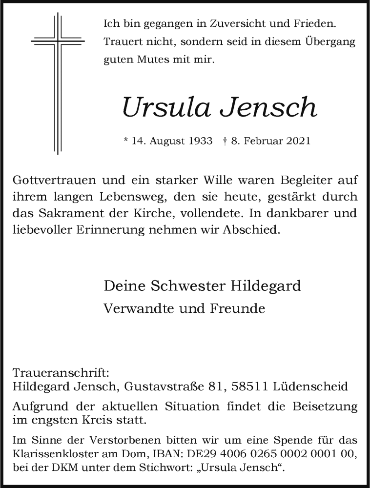  Traueranzeige für Ursula Jensch vom 20.02.2021 aus 