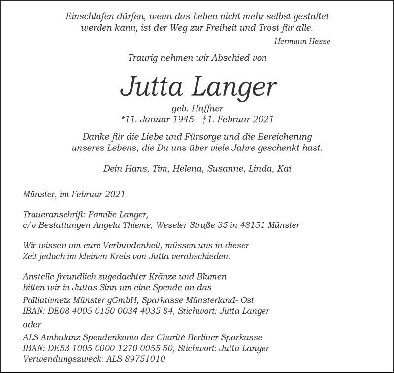  Traueranzeige für Jutta Langer vom 24.02.2021 aus 