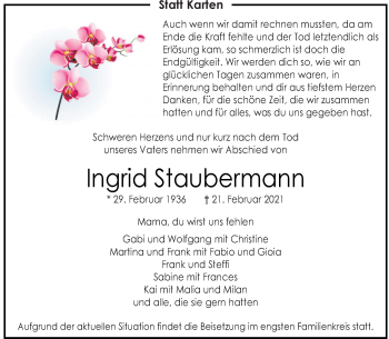 Anzeige von Ingrid Staubermann 