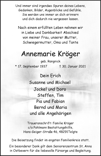 Anzeige von Annemarie Kröger 