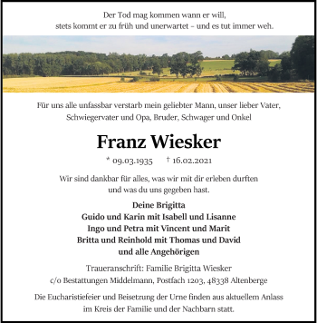 Anzeige von Franz Wiesker 