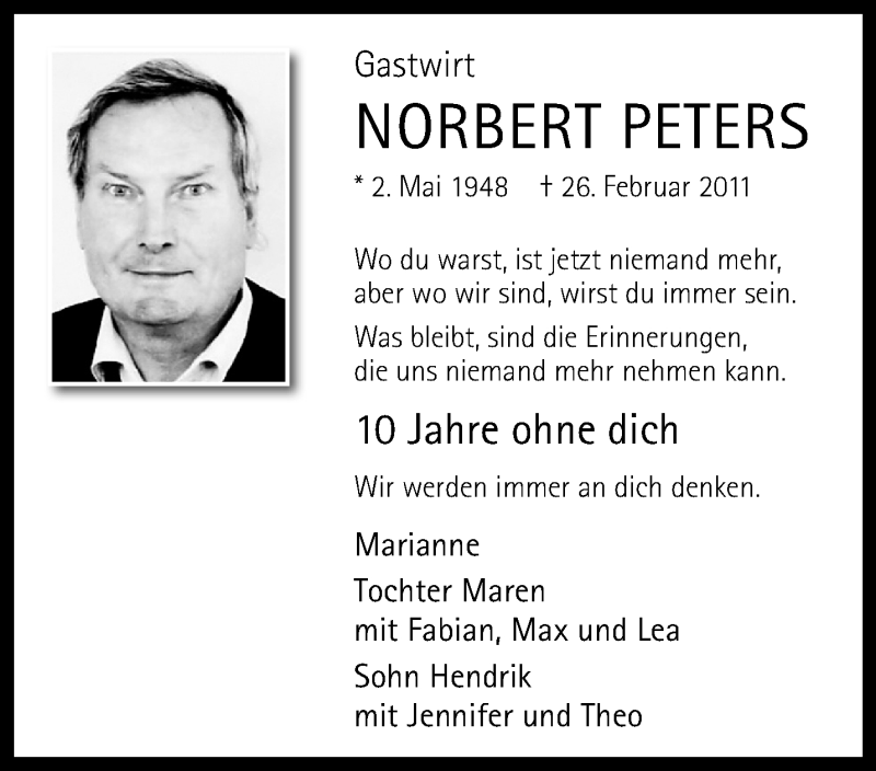  Traueranzeige für Norbert Peters vom 27.02.2021 aus 