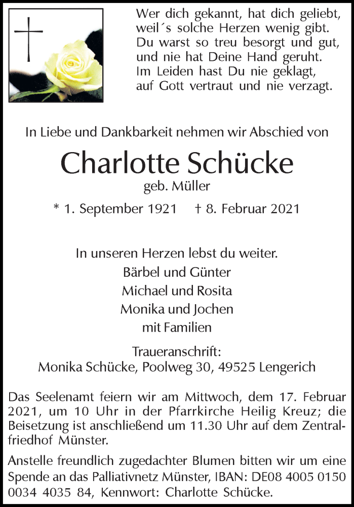 Traueranzeige für Charlotte Schücke vom 13.02.2021 aus 