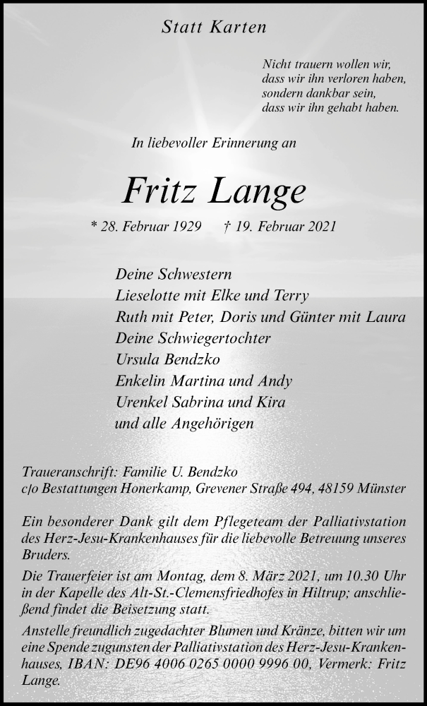  Traueranzeige für Fritz Lange vom 27.02.2021 aus 