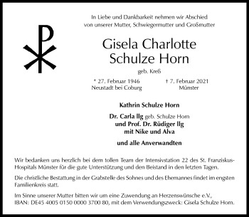 Anzeige von Gisela Charlotte Schulze Horn 
