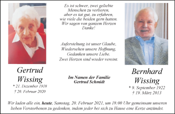 Anzeige von Bernhard Wissing 
