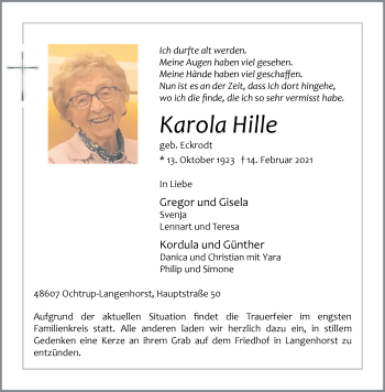 Anzeige von Karola Hille 