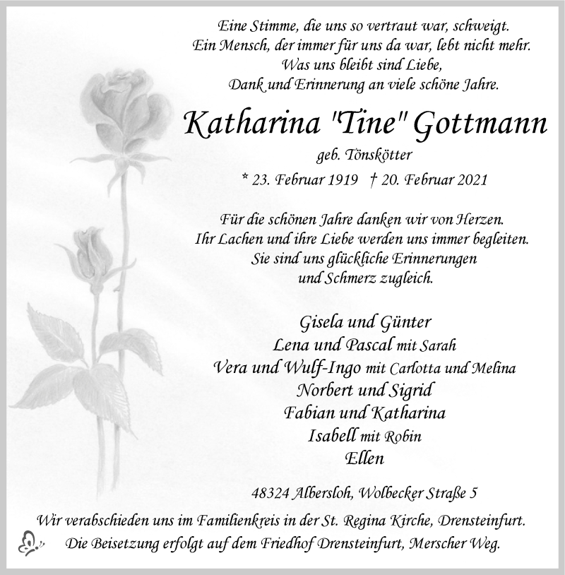  Traueranzeige für Katharina Gottmann vom 25.02.2021 aus 