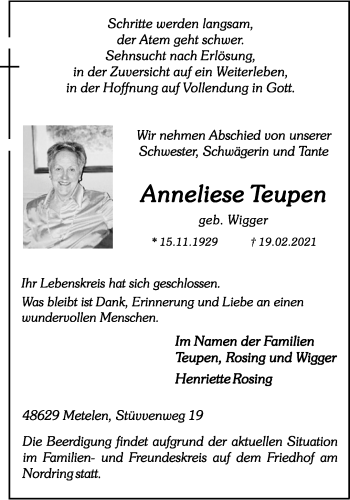 Anzeige von Anneliese Teupen 