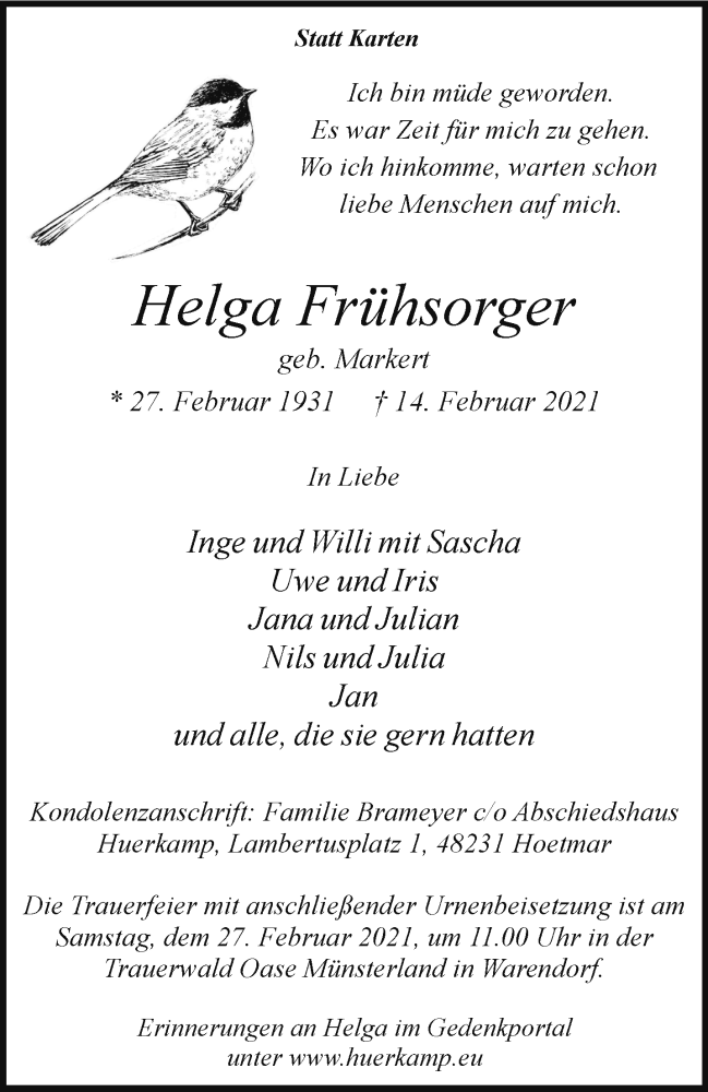  Traueranzeige für Helga Frühsorger vom 20.02.2021 aus 