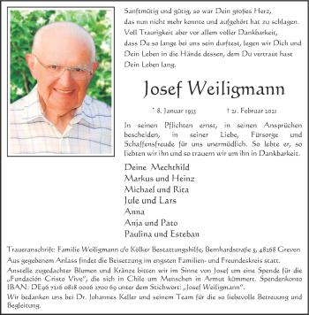 Anzeige von Josef Weiligmann 