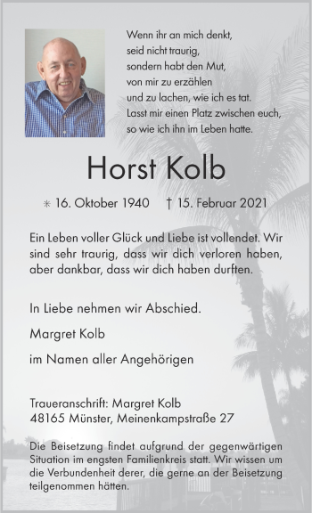 Anzeige von Horst Kolb 