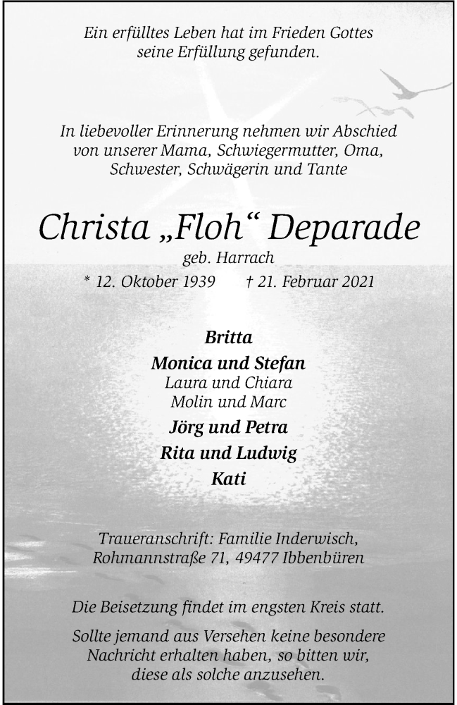  Traueranzeige für Christa Deparade vom 24.02.2021 aus 