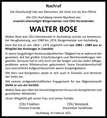Anzeige von Walter Bose 
