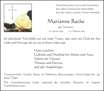 Anzeige von Marianne Recke 
