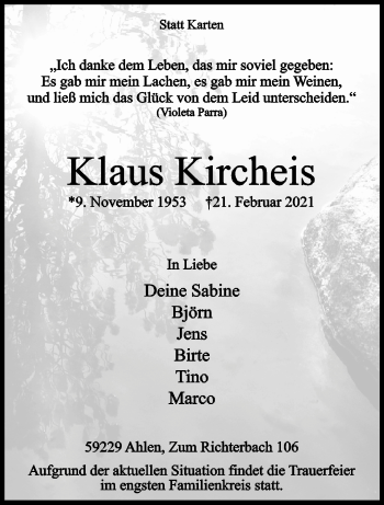 Anzeige von Klaus Kircheis 
