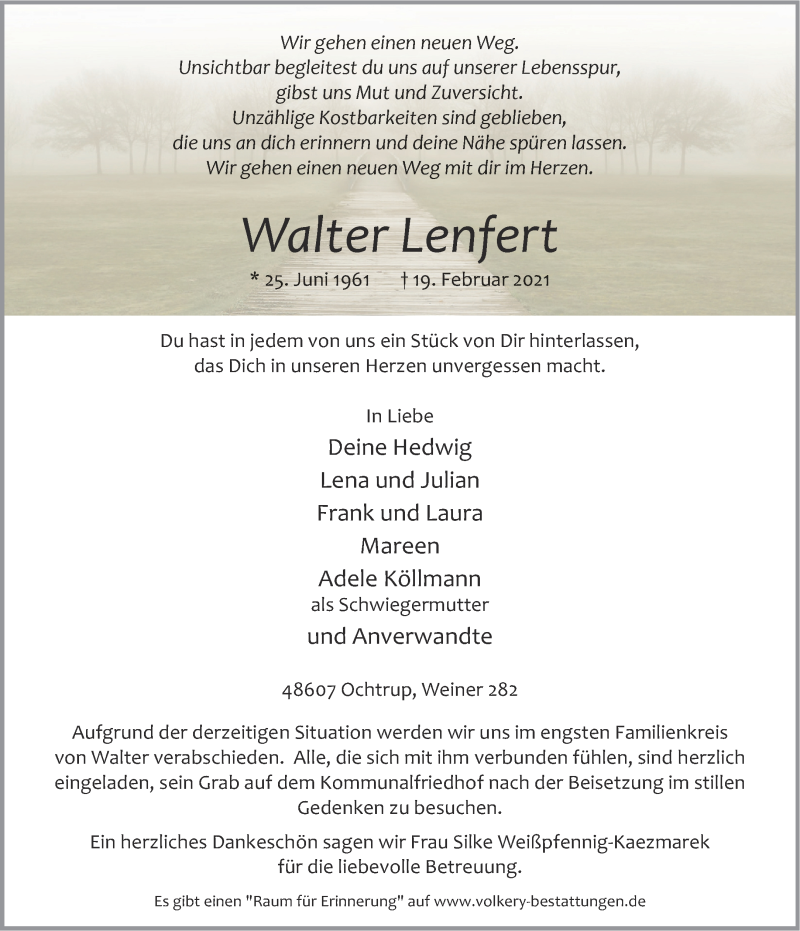  Traueranzeige für Walter Lenfert vom 23.02.2021 aus 
