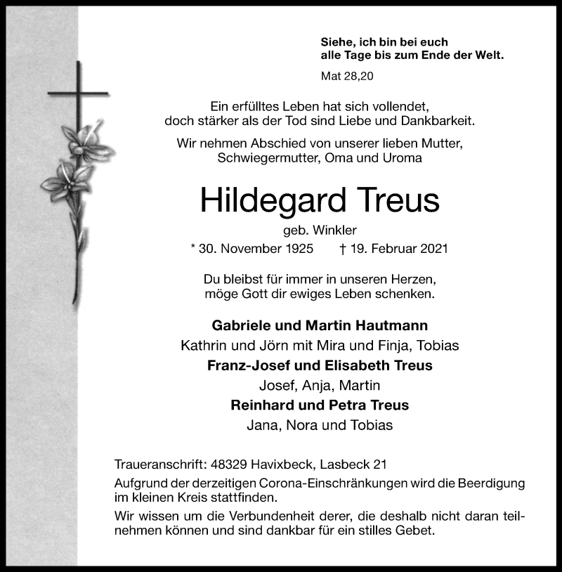  Traueranzeige für Hildegard Treus vom 23.02.2021 aus 