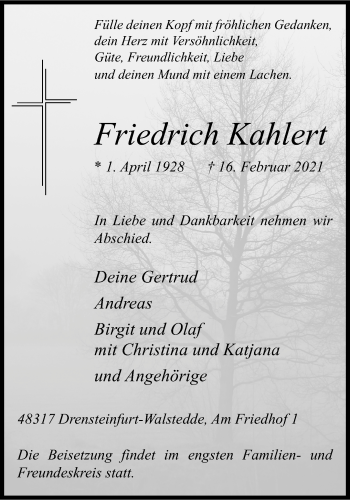Anzeige von Friedrich Kahlert 