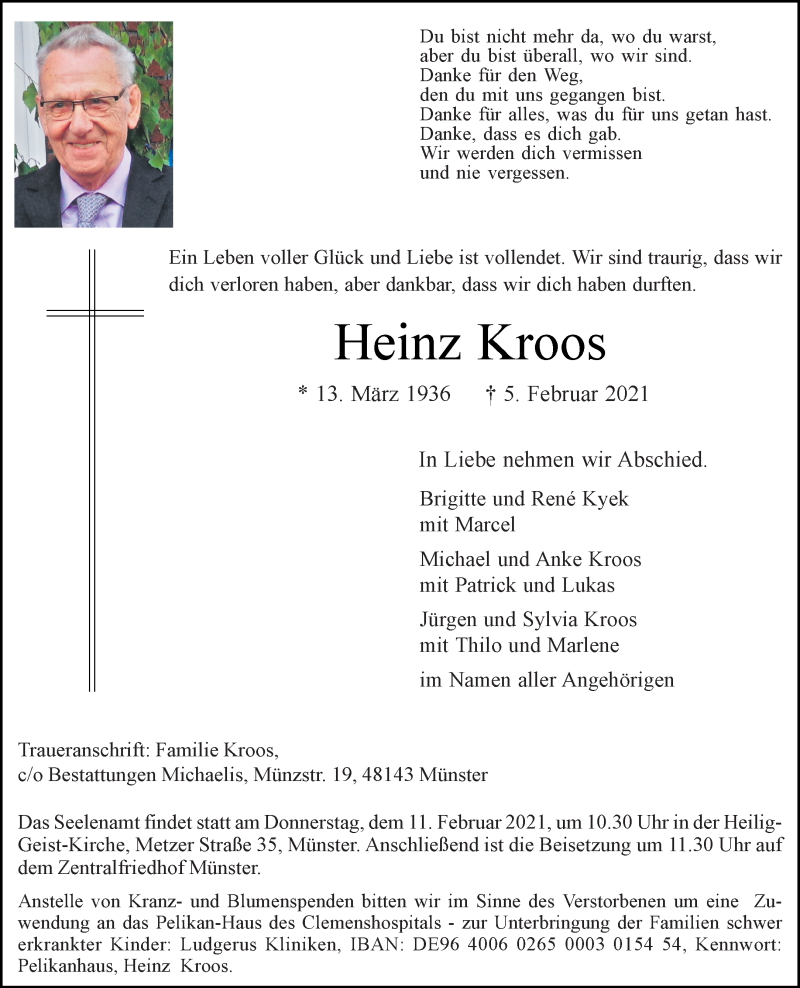  Traueranzeige für Heinz Kroos vom 10.02.2021 aus 