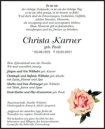 Anzeige von Christa Karner 