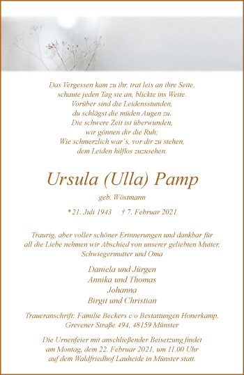 Anzeige von Ursula Pamp 